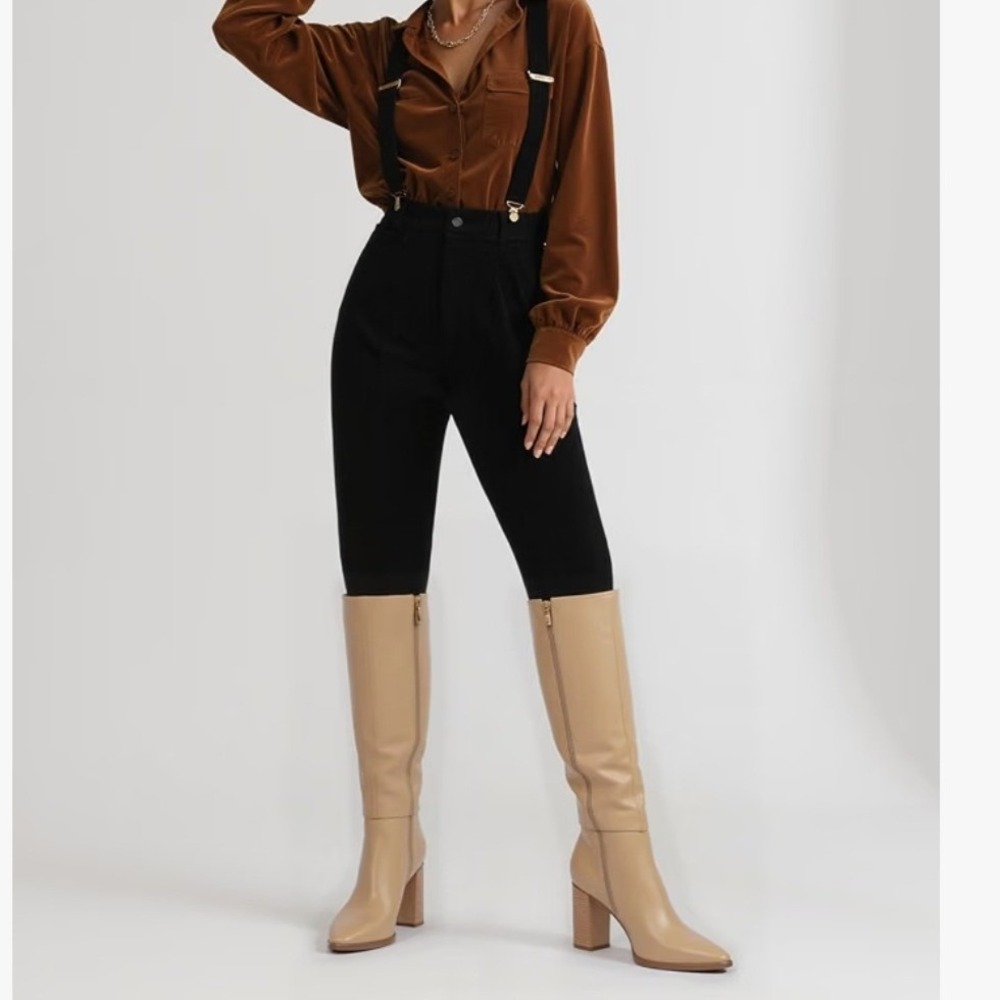 Tan Knee High Boots Women 7 Beige Pointed Toe Block Heel Modern Minimalist